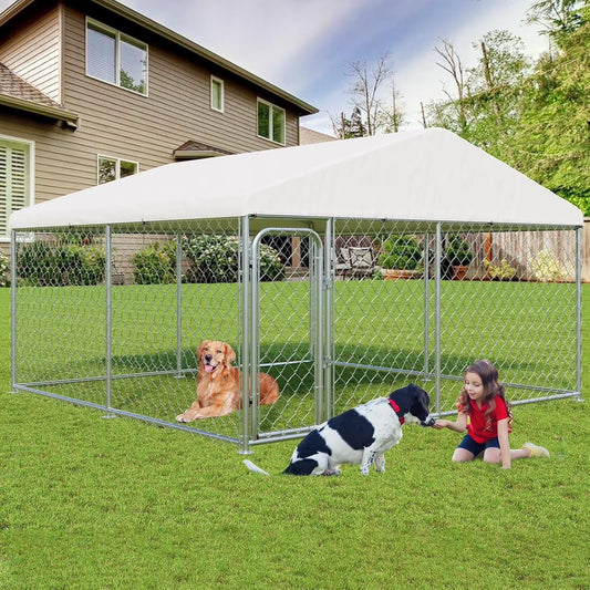 Outdoor Large Dog Kennel, Heavy Duty Dog Enclosure with UV & Rain-Proof Fully Covered Roof, Rustproof Metal Mesh, Double Security Locks, 10 X 10 FT