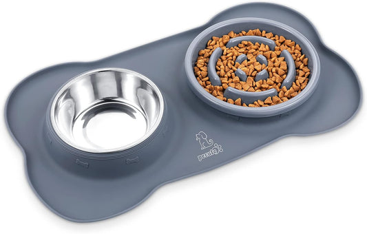 Slow Feeder Dog Bowls to Slow down Eating, Dog Bowl Slow Feeder with No-Spill Non-Skid Silicone Mat, Food-Grade Safe Dog Food Bowls Slow Feeder, Stainless Steel Dog Water Bowl for Dogs Cats
