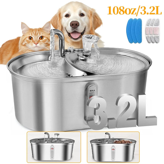 3.2L/108Oz Stainless Steel Cat Water Fountain: Large Capacity Automatic Pet Fountain with Filtration System, Silent Pump, Double Water Flow Design-Stainless Steel Water Dispenser for Dogs