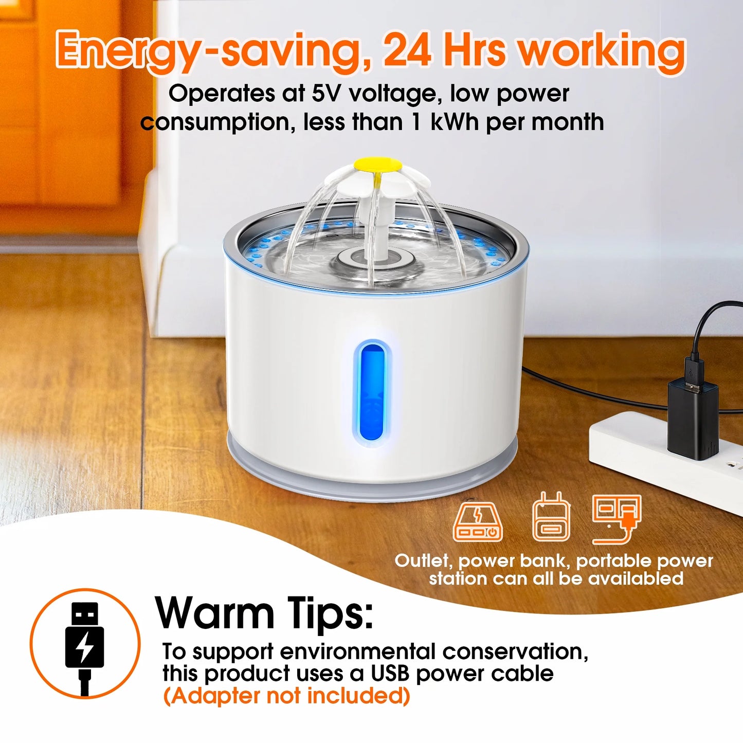 Pet Fountain,Cat Water Fountain, Automatic Water Dispenser for Cats and Dogs, Circulating Filtration System, Easy-To-See Water Level, Low Noise 80Oz/2.4L Capacity