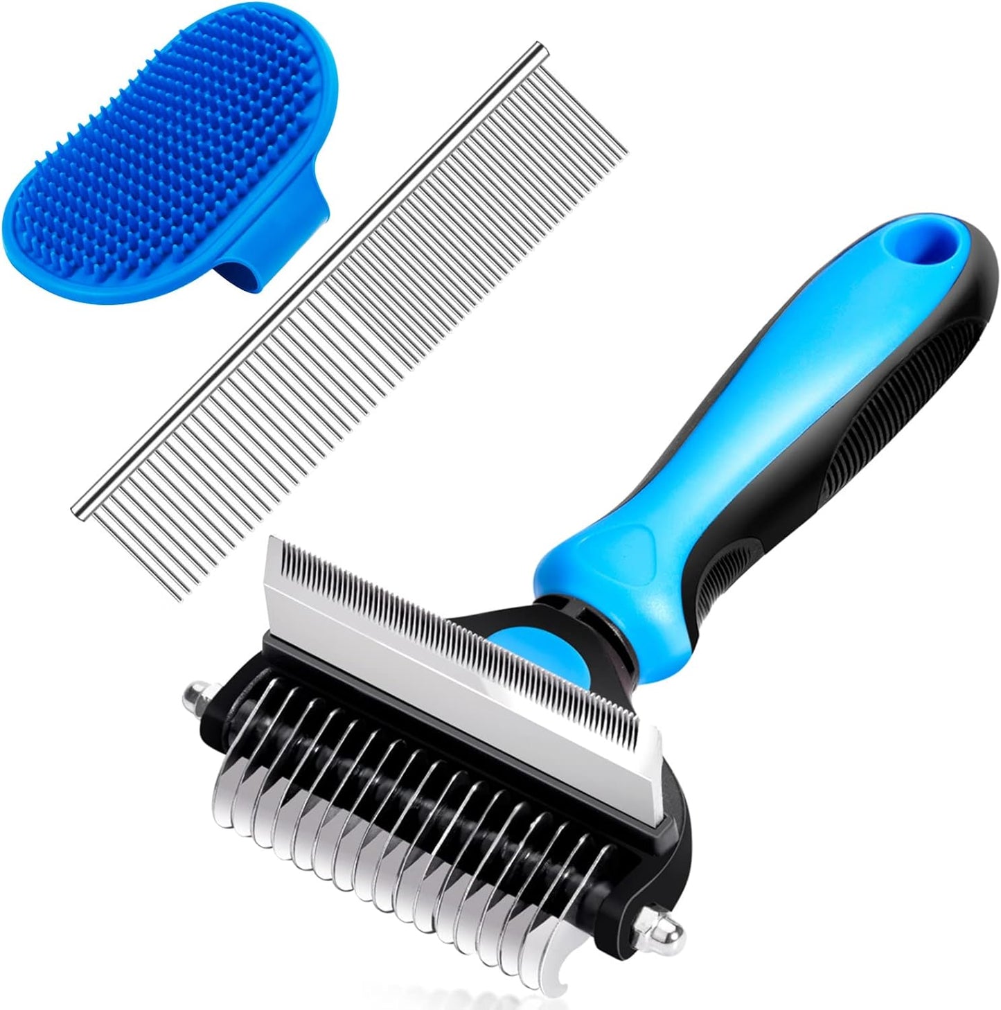 Ultimate 2-in-1 Dog Grooming Brush & Undercoat Rake for Small Dogs and Cats - Safe Dematting Comb & Deshedding Tool (Small Blue)