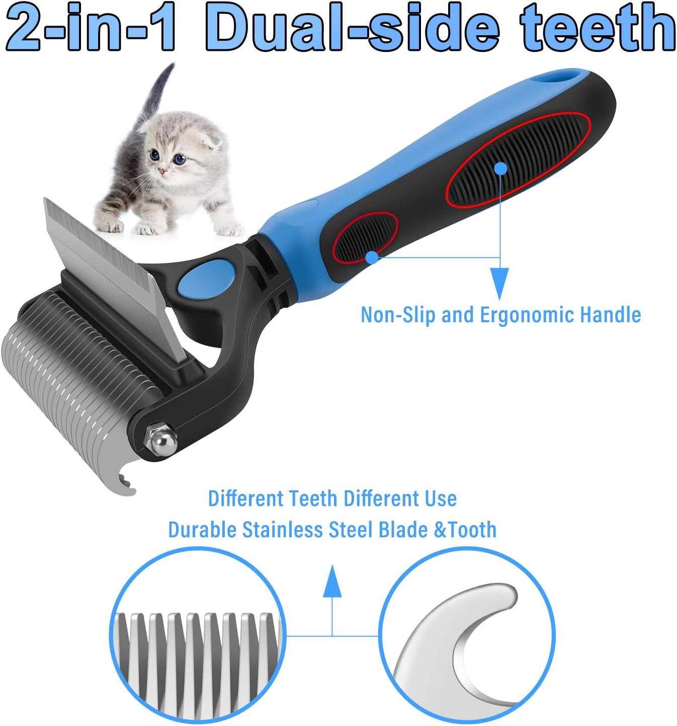 Ultimate 2-in-1 Dog Grooming Brush & Undercoat Rake for Small Dogs and Cats - Safe Dematting Comb & Deshedding Tool (Small Blue)