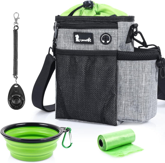 Dog Treat Pouch, Hands-Free Dog Training Bag with Shoulder Strap Waist Belt Metal Clip and Foldable Bowl, Built-In Poop Bag Dispenser, 3 Ways to Wear Suitable for Training Walking (Grey)