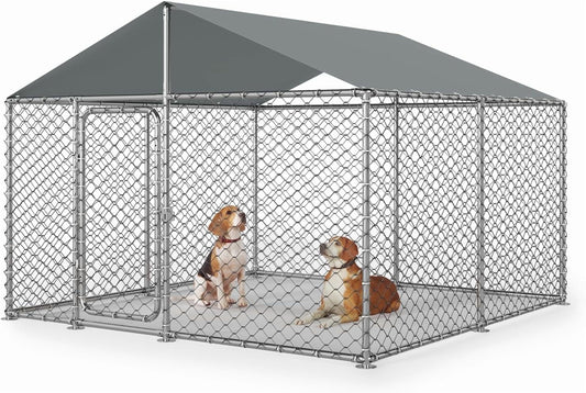 7.5X7.5Ft Outdoor Dog Kennel Heavy Duty Metal Dog Pet Enclosure, with Galvanized Steel Fence and Metal Gate, UV Waterproof Sun Resistant Roof Cover and Secure Lock
