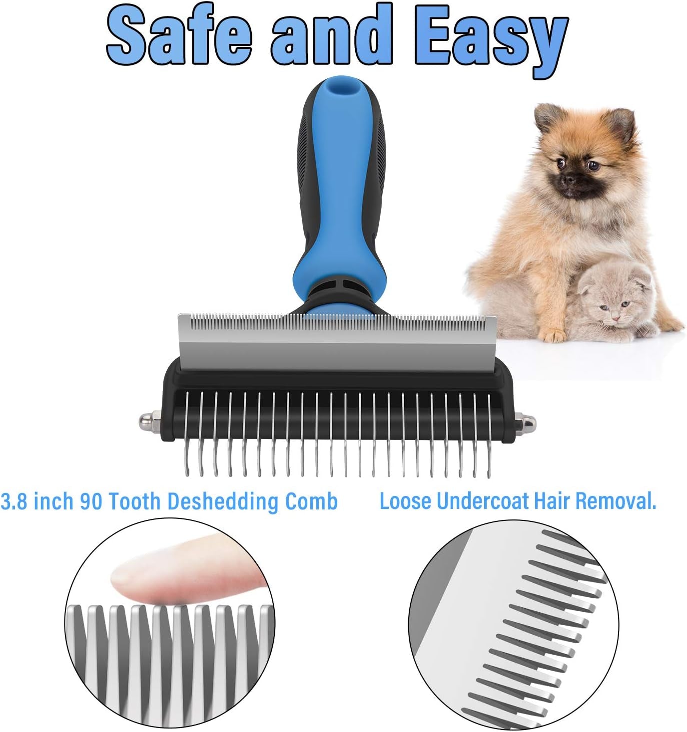 Ultimate 2-in-1 Dog Grooming Brush & Undercoat Rake for Small Dogs and Cats - Safe Dematting Comb & Deshedding Tool (Small Blue)